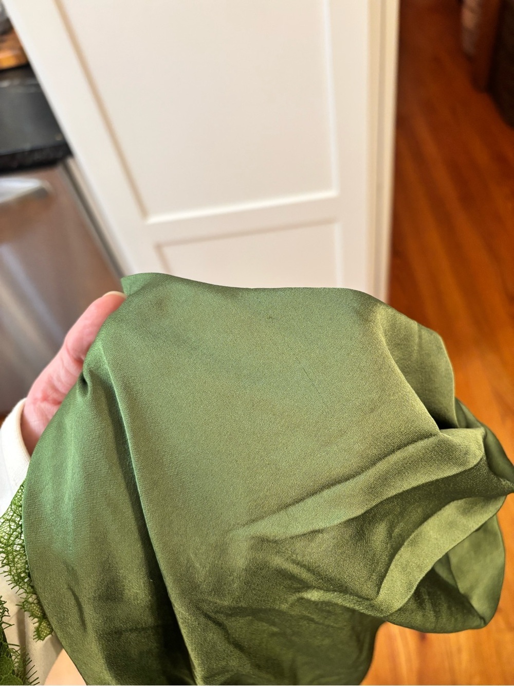 new Ever New Kody Satin Lace Asymmetric Dress maxi gown in olive green - Picture 12 of 12